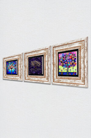 Hayat Ağacı Taş Duvar Tablosu Çerçeveli Duvar Dekoru 3 Parça Tablo Seti Wall Art