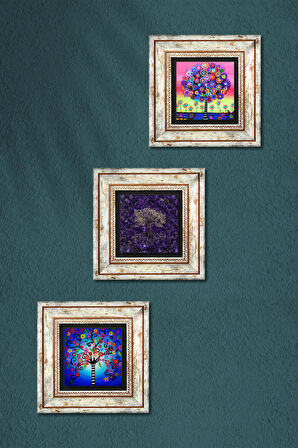 Hayat Ağacı Taş Duvar Tablosu Çerçeveli Duvar Dekoru 3 Parça Tablo Seti Wall Art