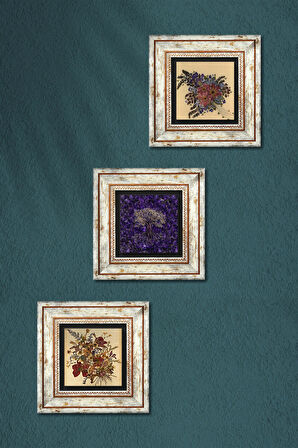 Hayat Ağacı, Vintage Çiçek Taş Duvar Tablosu Çerçeveli Duvar Dekoru 3 Parça Tablo Seti Wall Art