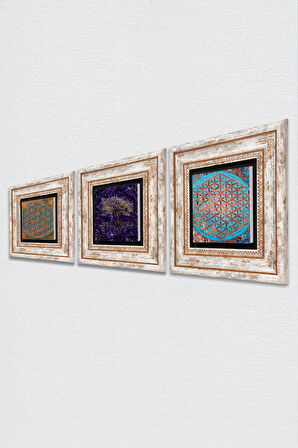 Hayat Ağacı, Yaşam Çiçeği Taş Duvar Tablosu Çerçeveli Duvar Dekoru 3 Parça Tablo Seti Wall Art