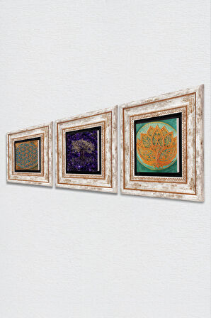 Yaşam Çiçeği, Hayat Ağacı, Lotus Çiçeği Taş Duvar Tablosu Çerçeveli Duvar Dekoru 3 Parça Tablo Seti Wall Art