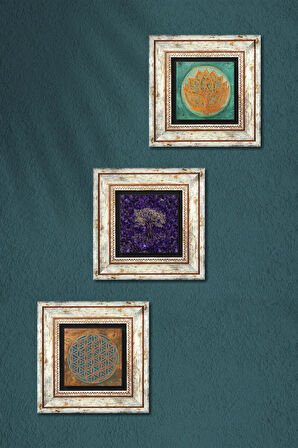 Yaşam Çiçeği, Hayat Ağacı, Lotus Çiçeği Taş Duvar Tablosu Çerçeveli Duvar Dekoru 3 Parça Tablo Seti Wall Art