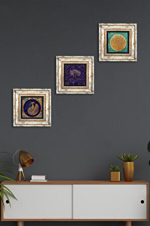 Hayat Ağacı, Lotus Çiçeği, Tavus Kuşu Taş Duvar Tablosu Çerçeveli Duvar Dekoru 3 Parça Tablo Seti Wall Art