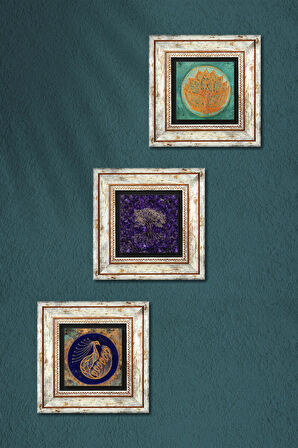 Hayat Ağacı, Lotus Çiçeği, Tavus Kuşu Taş Duvar Tablosu Çerçeveli Duvar Dekoru 3 Parça Tablo Seti Wall Art