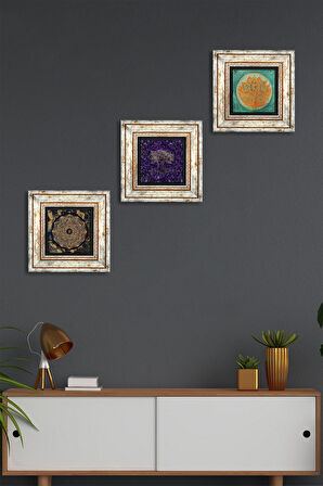 Hayat Ağacı, Sri Yantra, Lotus Çiçeği Taş Duvar Tablosu Çerçeveli Duvar Dekoru 3 Parça Tablo Seti Wall Art