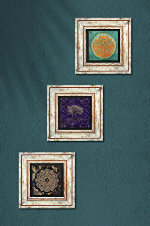 Hayat Ağacı, Sri Yantra, Lotus Çiçeği Taş Duvar Tablosu Çerçeveli Duvar Dekoru 3 Parça Tablo Seti Wall Art