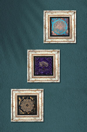 Hayat Ağacı, Sri Yantra, Yaşam Çiçeği Taş Duvar Tablosu Çerçeveli Duvar Dekoru 3 Parça Tablo Seti Wall Art