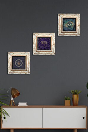 Hayat Ağacı, Nazar Taş Duvar Tablosu Çerçeveli Duvar Dekoru 3 Parça Tablo Seti Wall Art