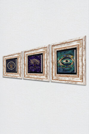 Hayat Ağacı, Nazar Taş Duvar Tablosu Çerçeveli Duvar Dekoru 3 Parça Tablo Seti Wall Art