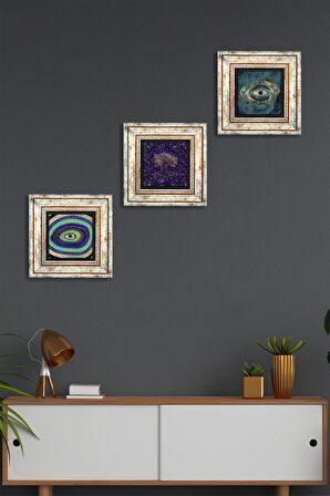 Hayat Ağacı, Nazar Taş Duvar Tablosu Çerçeveli Duvar Dekoru 3 Parça Tablo Seti Wall Art