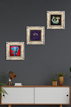 Hayat Ağacı, Fil, Şahmeran Taş Duvar Tablosu Çerçeveli Duvar Dekoru 3 Parça Tablo Seti Wall Art