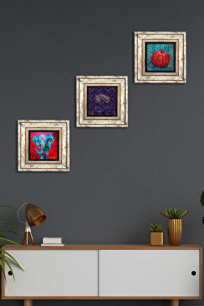 Hayat Ağacı, Fil, Nar Taş Duvar Tablosu Çerçeveli Duvar Dekoru 3 Parça Tablo Seti Wall Art