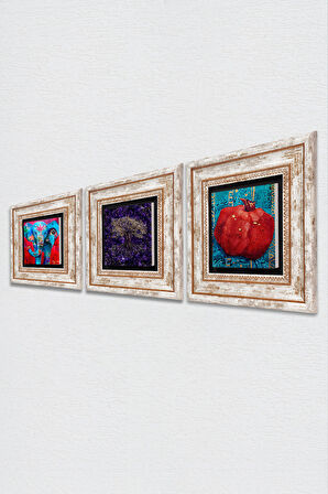Hayat Ağacı, Fil, Nar Taş Duvar Tablosu Çerçeveli Duvar Dekoru 3 Parça Tablo Seti Wall Art
