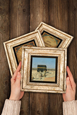 Kabe-i Muazzama, Mescid-i Aksa, Elif Taş Duvar Tablosu Çerçeveli Duvar Dekoru 3 Parça Tablo Seti Wall Art