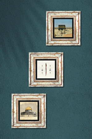 Kabe-i Muazzama, Mescid-i Aksa, Elif Taş Duvar Tablosu Çerçeveli Duvar Dekoru 3 Parça Tablo Seti Wall Art