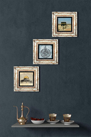 Ayet-el Kürsi, Kabe-i Muazzama, Mescid-i Aksa Taş Duvar Tablosu Çerçeveli Duvar Dekoru 3 Parça Tablo Seti Wall Art