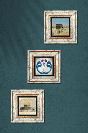 Vav, Kabe-i Muazzama, Mescid-i Aksa Taş Duvar Tablosu Çerçeveli Duvar Dekoru 3 Parça Tablo Seti Wall Art