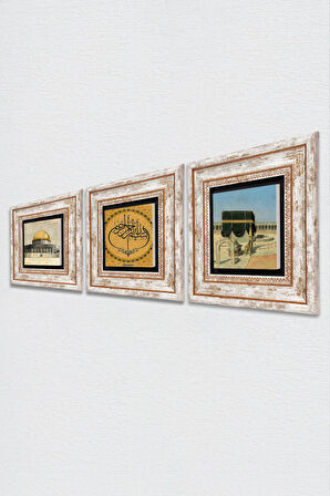 Bismillah, Kabe-i Muazzama, Mescid-i Aksa Taş Duvar Tablosu Çerçeveli Duvar Dekoru 3 Parça Tablo Seti Wall Art