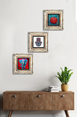 Fil, Fatma Ana Eli (Hamsa), Nar Taş Duvar Tablosu Çerçeveli Duvar Dekoru 3 Parça Tablo Seti Wall Art