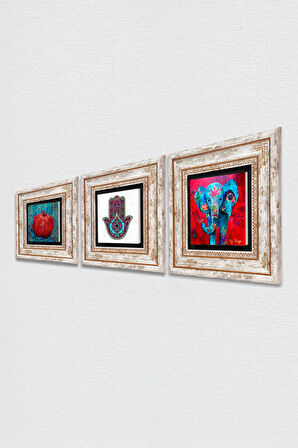 Fil, Fatma Ana Eli (Hamsa), Nar Taş Duvar Tablosu Çerçeveli Duvar Dekoru 3 Parça Tablo Seti Wall Art