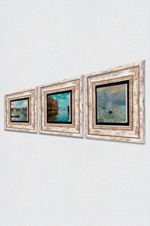 Monet Sonbahar, Argenteuil'de Köprü, İzlenim Gün Doğumu Taş Duvar Tablosu Çerçeveli Duvar Dekoru 3 Parça Tablo Seti Wall Art