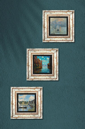 Monet Sonbahar, Argenteuil'de Köprü, İzlenim Gün Doğumu Taş Duvar Tablosu Çerçeveli Duvar Dekoru 3 Parça Tablo Seti Wall Art
