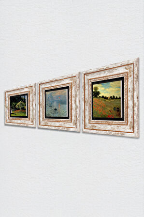 Monet Bahçedeki Kadın, Gelincikler, İzlenim Gün Doğumu Taş Duvar Tablosu Çerçeveli Duvar Dekoru 3 Parça Tablo Seti Wall Art