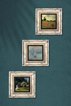 Monet Bahçedeki Kadın, Gelincikler, İzlenim Gün Doğumu Taş Duvar Tablosu Çerçeveli Duvar Dekoru 3 Parça Tablo Seti Wall Art