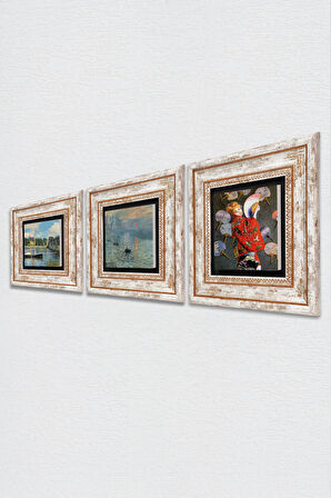 Monet Japon Kostümü, Köprü, İzlenim Gün Doğumu Taş Duvar Tablosu Çerçeveli Duvar Dekoru 3 Parça Tablo Seti Wall Art