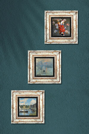 Monet Japon Kostümü, Köprü, İzlenim Gün Doğumu Taş Duvar Tablosu Çerçeveli Duvar Dekoru 3 Parça Tablo Seti Wall Art