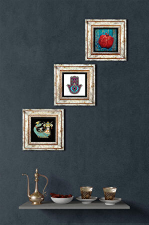 Fatma Ana Eli (Hamsa), Şahmeran, Nar Taş Duvar Tablosu Çerçeveli Duvar Dekoru 3 Parça Tablo Seti Wall Art