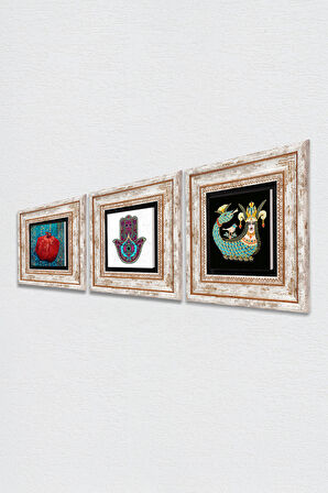 Fatma Ana Eli (Hamsa), Şahmeran, Nar Taş Duvar Tablosu Çerçeveli Duvar Dekoru 3 Parça Tablo Seti Wall Art