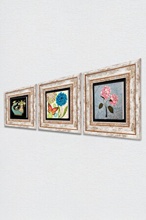 Kelebek, Pembe Ortanca Çiçeği, Şahmeran Taş Duvar Tablosu Çerçeveli Duvar Dekoru 3 Parça Tablo Seti Wall Art