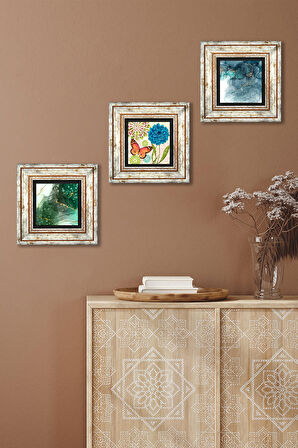Kelebek, Soyut Sanat Taş Duvar Tablosu Çerçeveli Duvar Dekoru 3 Parça Tablo Seti Wall Art