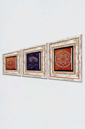 Hayat Ağacı, Sri Yantra, Mandala Taş Duvar Tablosu Çerçeveli Duvar Dekoru 3 Parça Tablo Seti Wall Art