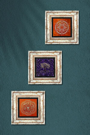 Hayat Ağacı, Sri Yantra, Mandala Taş Duvar Tablosu Çerçeveli Duvar Dekoru 3 Parça Tablo Seti Wall Art