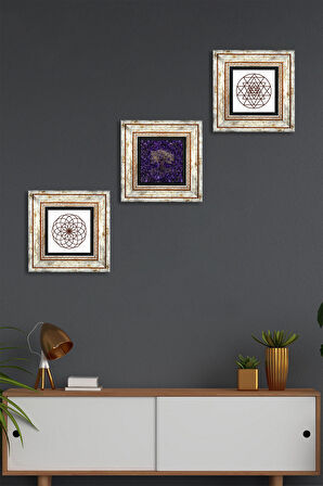 Hayat Ağacı, Yaşam Çiçeği, Sri Yantra Taş Duvar Tablosu Çerçeveli Duvar Dekoru 3 Parça Tablo Seti Wall Art