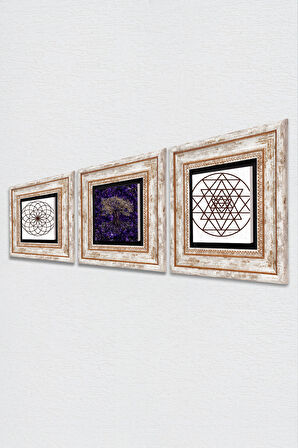 Hayat Ağacı, Yaşam Çiçeği, Sri Yantra Taş Duvar Tablosu Çerçeveli Duvar Dekoru 3 Parça Tablo Seti Wall Art