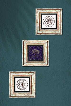 Hayat Ağacı, Yaşam Çiçeği, Sri Yantra Taş Duvar Tablosu Çerçeveli Duvar Dekoru 3 Parça Tablo Seti Wall Art