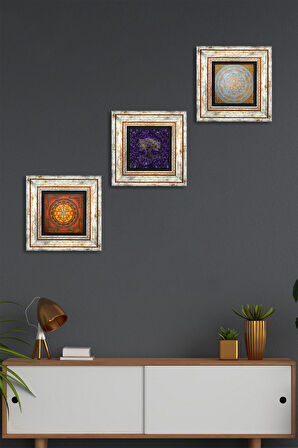 Hayat Ağacı, Sri Yantra Taş Duvar Tablosu Çerçeveli Duvar Dekoru 3 Parça Tablo Seti Wall Art