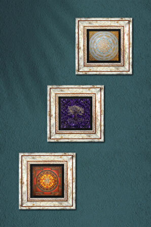 Hayat Ağacı, Sri Yantra Taş Duvar Tablosu Çerçeveli Duvar Dekoru 3 Parça Tablo Seti Wall Art