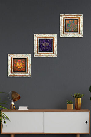 Yaşam Çiçeği, Hayat Ağacı, Sri Yantra Taş Duvar Tablosu Çerçeveli Duvar Dekoru 3 Parça Tablo Seti Wall Art