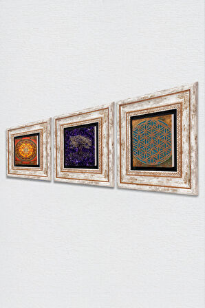 Yaşam Çiçeği, Hayat Ağacı, Sri Yantra Taş Duvar Tablosu Çerçeveli Duvar Dekoru 3 Parça Tablo Seti Wall Art