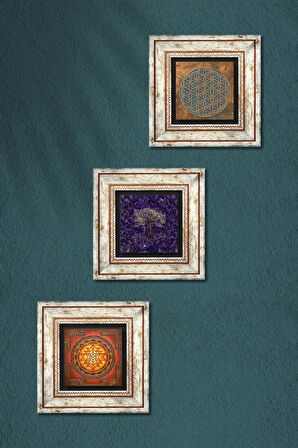 Yaşam Çiçeği, Hayat Ağacı, Sri Yantra Taş Duvar Tablosu Çerçeveli Duvar Dekoru 3 Parça Tablo Seti Wall Art