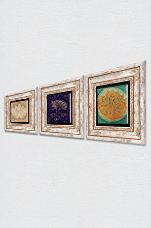 Hayat Ağacı, Lotus Çiçeği Taş Duvar Tablosu Çerçeveli Duvar Dekoru 3 Parça Tablo Seti Wall Art