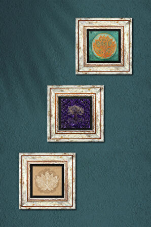 Hayat Ağacı, Lotus Çiçeği Taş Duvar Tablosu Çerçeveli Duvar Dekoru 3 Parça Tablo Seti Wall Art