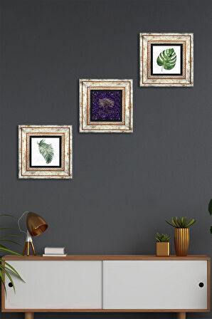 Hayat Ağacı, Yaprak Taş Duvar Tablosu Çerçeveli Duvar Dekoru 3 Parça Tablo Seti Wall Art