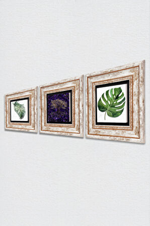Hayat Ağacı, Yaprak Taş Duvar Tablosu Çerçeveli Duvar Dekoru 3 Parça Tablo Seti Wall Art