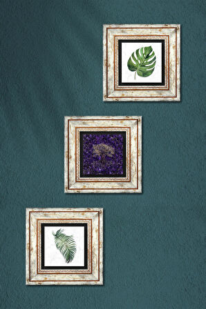 Hayat Ağacı, Yaprak Taş Duvar Tablosu Çerçeveli Duvar Dekoru 3 Parça Tablo Seti Wall Art