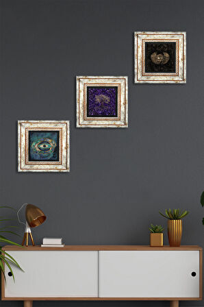 Hayat Ağacı, Nazar, Horus'un Gözü Taş Duvar Tablosu Çerçeveli Duvar Dekoru 3 Parça Tablo Seti Wall Art